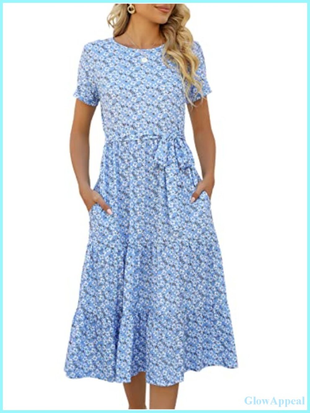 Women's Casual Midi Dress with Pockets Short Sleeve Modest Tiered